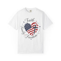Load image into Gallery viewer, Faith Family Freedom American Flag Heart T-Shirt