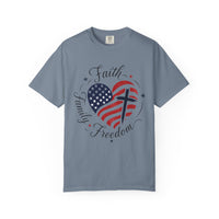 Load image into Gallery viewer, Faith Family Freedom American Flag Heart T-Shirt